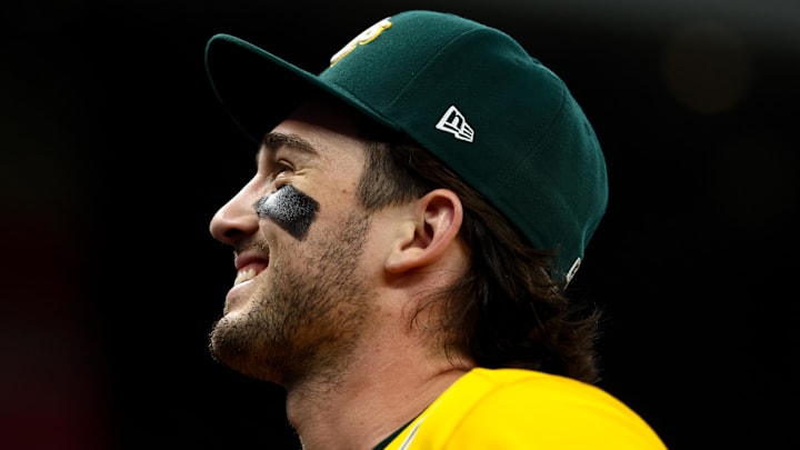Jul 22, 2025; Arlington, Texas, USA;  Athletics shortstop Jacob Wilson (5) speaks with fans before the game against the Texas Rangers at Globe Life Field. Mandatory Credit: Kevin Jairaj-Imagn Images