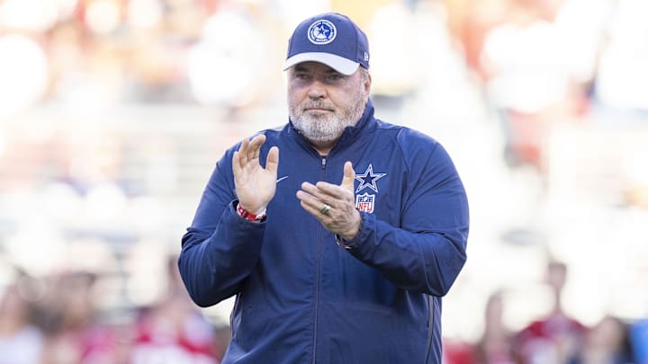 October 8, 2023; Santa Clara, California, USA; Dallas Cowboys head coach Mike McCarthy watches warm-ups. 