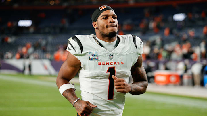 Cincinnati Bengals wide receiver Ja'Marr Chase (1) looks on after the game against the Denver Broncos at Empower Field at Mile High. 