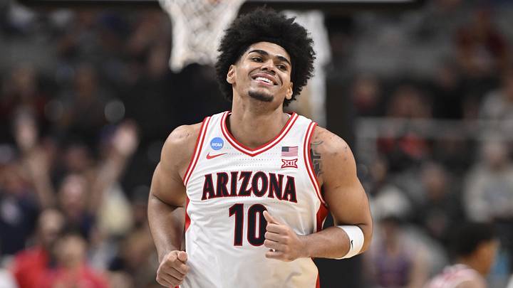Arizona Wildcats forward Koa Peat (10) reacts after a play against the Arkansas Razorbacks in the second half during a Sweet 16 game of the West Regional of the men's 2026 NCAA Tournament at SAP Center. Arizona Wildcats forward Koa Peat (10) reacts after a play against the Arkansas Razorbacks in the second half during a Sweet 16 game of the West Regional of the men's 2026 NCAA Tournament at SAP Center.