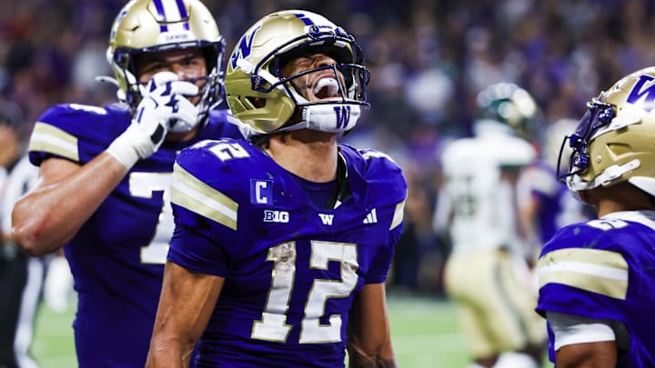 Aug 30, 2025; Seattle, Washington, USA; Washington Huskies wide receiver Denzel Boston (12) celebrates after catching a touchdown pass against the Colorado State Rams during the third quarter at Husky Stadium. Mandatory Credit: Joe Nicholson-Imagn Images