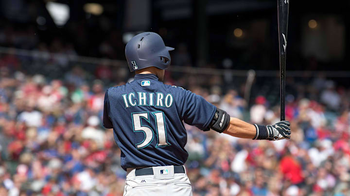 Apr 22, 2018; Arlington, TX, USA; Seattle Mariners right fielder Ichiro Suzuki (51) in action during the game against the Texas Rangers at Globe Life Park in Arlington. The Rangers defeat the Mariners 7-4. Mandatory Credit: Jerome Miron-Imagn Images