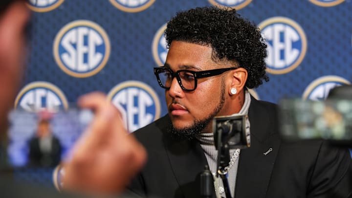 Jul 16, 2025; Atlanta, GA, USA; University of Alabama offensive lineman Kadyn Proctor answers questions from the media during the SEC Media Days at Omni Atlanta Hotel. Mandatory Credit: Jordan Godfree-Imagn Images