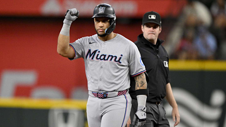 Sep 21, 2025; Arlington, Texas, USA; Miami Marlins designated hitter Agustin Ramirez (50) motions to the dugout after he hits a double against the Texas Rangers during the fifth inning at Globe Life Field. Sep 21, 2025; Arlington, Texas, USA; Miami Marlins designated hitter Agustin Ramirez (50) motions to the dugout after he hits a double against the Texas Rangers during the fifth inning at Globe Life Field.