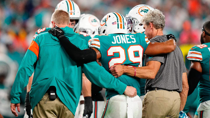 Oct 23, 2022; Miami Gardens, Florida, USA; Miami Dolphins safety Brandon Jones (29) leaves the field