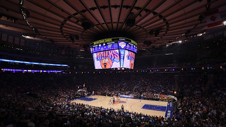 Oct 25, 2024; New York, New York, USA; General view of Madison Square Garden during opening tipoff between the New York Knicks and the Indiana Pacers during the first quarter at Madison Square Garden. Mandatory Credit: Brad Penner-Imagn Images