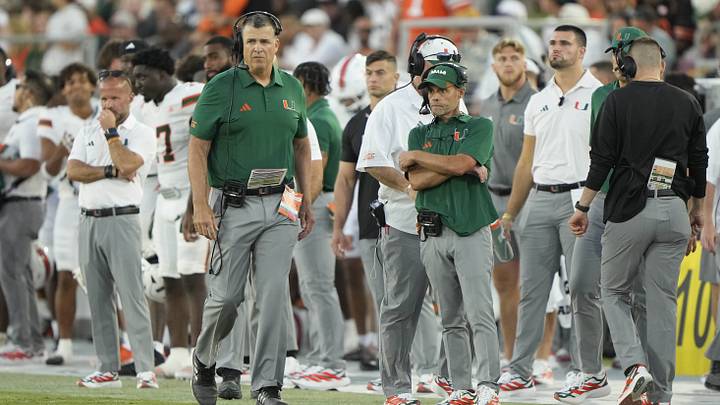 Sep 4, 2026; Stanford, California, USA;  Miami Hurricanes head coach Mario Cristobal on the sidelines during the second quarter against the Stanford Cardinal at Stanford Stadium.  Mandatory Credit: Stan Szeto-Imagn Images