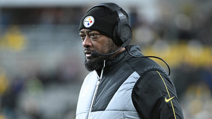 Jan 4, 2025; Pittsburgh, Pennsylvania, USA; Pittsburgh Steelers head coach Mike Tomlin looks on during the second quarter against the Cincinnati Bengals at Acrisure Stadium. Mandatory Credit: Barry Reeger-Imagn Images