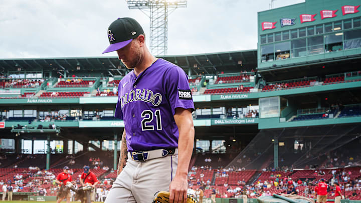 Jul 8, 2025; Boston, Massachusetts, USA; Colorado Rockies pitcher Kyle Freeland (21) makes his way to the bullpen before the start of the game against the Boston Red Sox at Fenway Park. Jul 8, 2025; Boston, Massachusetts, USA; Colorado Rockies pitcher Kyle Freeland (21) makes his way to the bullpen before the start of the game against the Boston Red Sox at Fenway Park.