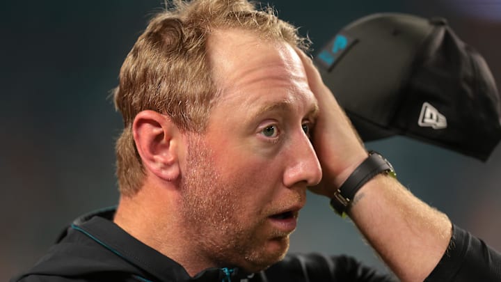 Aug 23, 2025; Miami Gardens, Florida, USA; Jacksonville Jaguars head coach Liam Coen reacts on the sideline against the Miami Dolphins during the fourth quarter at Hard Rock Stadium. 