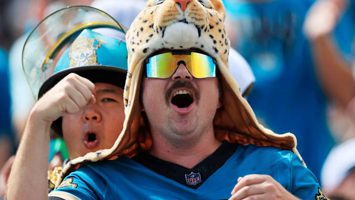 Jacksonville Jaguars fan Doug Speed reacts to a missed field goal from the Houston Texans during the first quarter of an NFL football matchup at EverBank Stadium, Sunday, Sept. 21, 2025, in Jacksonville, Fla. The Jaguars defeated the Texans 17-10. 