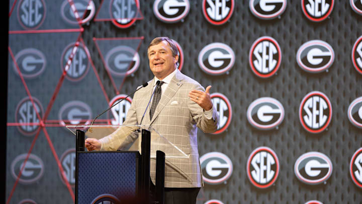 Jul 16, 2024; Dallas, TX, USA; Georgia head coach Kirby Smart speaking at Omni Dallas Hotel. Mandatory Credit: Brett Patzke-Imagn Images