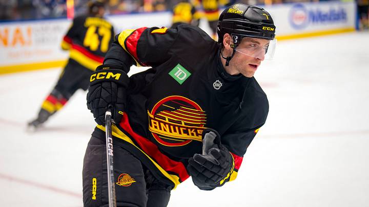 Dec 28, 2024; Vancouver, British Columbia, CAN; Vancouver Canucks defenseman Carson Soucy (7) skates during warm up prior to a game against the Seattle Kraken at Rogers Arena. Mandatory Credit: Bob Frid-Imagn Images Dec 28, 2024; Vancouver, British Columbia, CAN; Vancouver Canucks defenseman Carson Soucy (7) skates during warm up prior to a game against the Seattle Kraken at Rogers Arena. Mandatory Credit: Bob Frid-Imagn Images