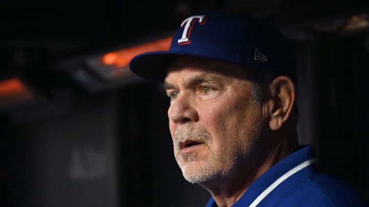 Apr 9, 2025; Chicago, Illinois, USA; Texas Rangers mnanager Bruce Bochy is seen prior to a game against the Chicago Cubs at Wrigley Field. 