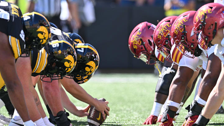Sep 7, 2024; Iowa City, Iowa, USA; The line of scrimmage between the Iowa Hawkeyes and the Iowa State Cyclones during the first quarter at Kinnick Stadium. Mandatory Credit: Jeffrey Becker-Imagn Images