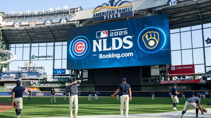 Milwaukee Brewers practice during an open workout ahead of the National League Division Series against the Chicago Cubs on Friday October 3, 2025 at American Family Field in Milwaukee, Wisconsin.
