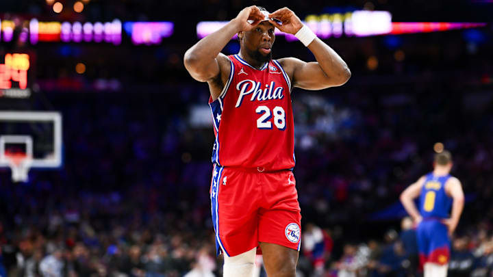 Jan 31, 2025; Philadelphia, Pennsylvania, USA; Philadelphia 76ers forward Guerschon Yabusele (28) looks on against the Denver Nuggets in the third quarter at Wells Fargo Center. Mandatory Credit: Kyle Ross-Imagn Images