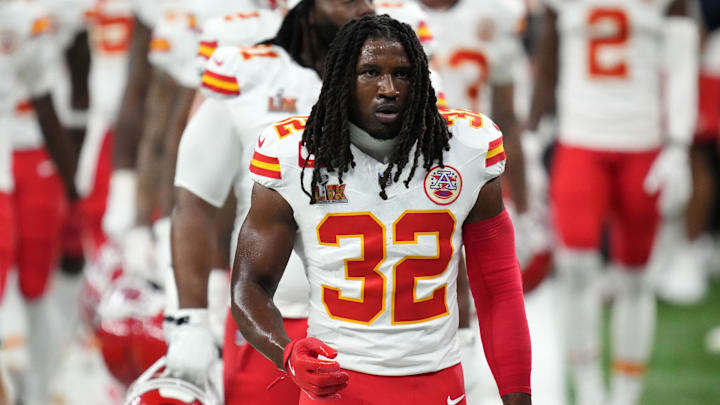 Feb 9, 2025; New Orleans, LA, USA; Kansas City Chiefs linebacker Nick Bolton (32) takes the field before Super Bowl LIX against the Philadelphia Eagles at Caesars Superdome. Mandatory Credit: Kirby Lee-Imagn Images