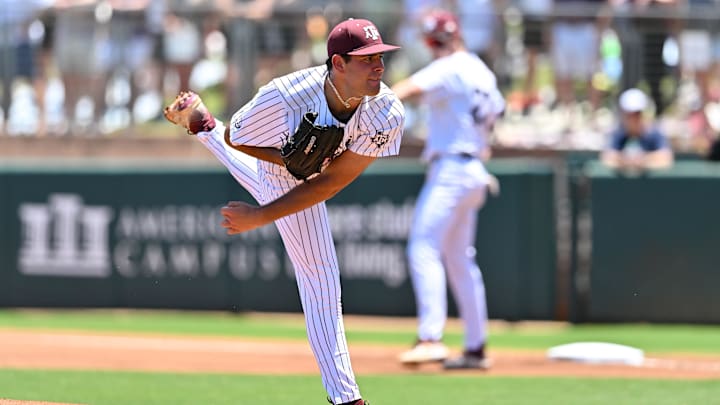 Jun 8, 2024; College Station, TX, USA; Texas A&M pitcher Ryan Prager (18) delivers a pitch during the first inning against the Oregon at Olsen Field, Blue Bell Park.