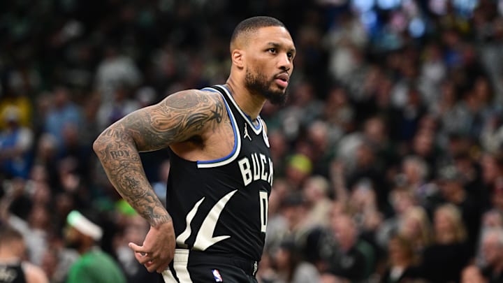 Milwaukee Bucks guard Damian Lillard on Apr 27, 2025.