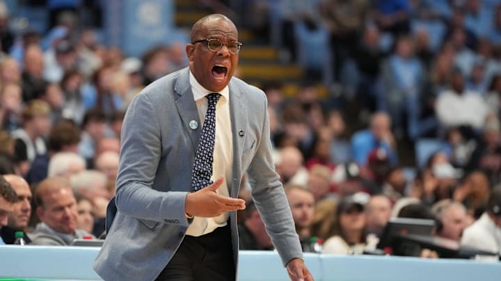 Dec 30, 2025; Chapel Hill, North Carolina, USA; North Carolina Tar Heels head coach Hubert Davis reacts in the first half at Dean E. Smith Center. Mandatory Credit: Bob Donnan-Imagn Images