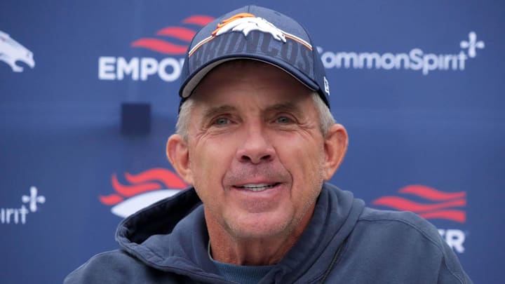 Oct 10, 2025; Ware, United Kingdom; Denver Broncos head coach Sean Payton speaks to media at press conference at the Hanbury Manor. Mandatory Credit: Kirby Lee-Imagn Images Oct 10, 2025; Ware, United Kingdom; Denver Broncos head coach Sean Payton speaks to media at press conference at the Hanbury Manor. Mandatory Credit: Kirby Lee-Imagn Images