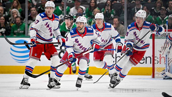 Apr 11, 2026; Dallas, Texas, USA; New York Rangers defenseman Will Borgen (17) and center Vincent Trocheck (16) and New York Rangers defenseman Braden Schneider (4) and right wing Jaroslav Chmelar (49) face the Dallas Stars attack during the first period at the American Airlines Center. Mandatory Credit: Jerome Miron-Imagn Images Apr 11, 2026; Dallas, Texas, USA; New York Rangers defenseman Will Borgen (17) and center Vincent Trocheck (16) and New York Rangers defenseman Braden Schneider (4) and right wing Jaroslav Chmelar (49) face the Dallas Stars attack during the first period at the American Airlines Center. Mandatory Credit: Jerome Miron-Imagn Images