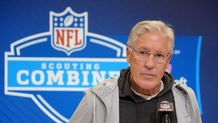 Feb 25, 2025; Indianapolis, IN, USA; Las Vegas Raiders coach Pete Carroll speaks during the NFL Scouting Combine at the Indiana Convention Center. Mandatory Credit: Kirby Lee-Imagn Images