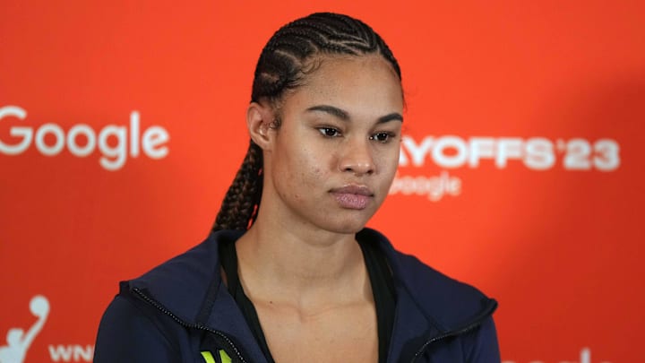 Sep 24, 2023; Las Vegas, Nevada, USA; Dallas Wings forward Satou Sabally (0) at press conference during game one of the 2023 WNBA Semifinals against the Las Vegas Aces] at Michelob Ultra Arena. The Aces defeated the Wings 97-83. Mandatory Credit: Kirby Lee-USA TODAY Sports