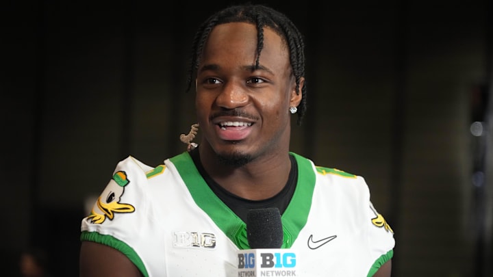 Dec 30, 2024; Los Angeles, CA, USA; Oregon Ducks linebacker Jeffrey Bassa (2) on the Big Ten Network stage during Rose Bowl media day at Sheraton Grand LA. Mandatory Credit: Kirby Lee-Imagn Images