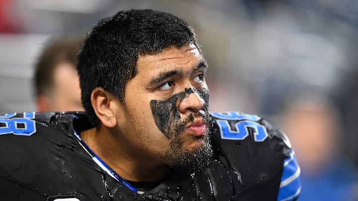 Nov 23, 2025; Detroit, Michigan, USA; Detroit Lions tackle Penei Sewell (58) looks on during warm ups prior to the game against the New York Giants at Ford Field. Mandatory Credit: Lon Horwedel-Imagn Images
