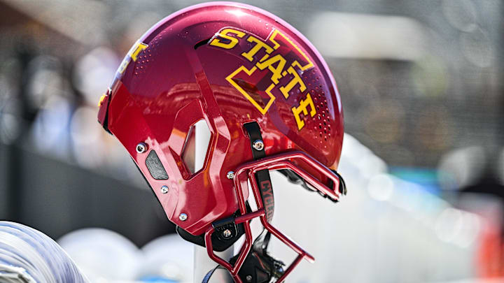 Sep 7, 2024; Iowa City, Iowa, USA; An Iowa State Cyclones helmet sits on the sidelines before the game against the Iowa Hawkeyes at Kinnick Stadium. Mandatory Credit: Jeffrey Becker-Imagn Images