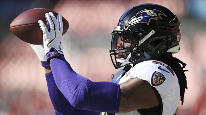Oct 27, 2024; Cleveland, Ohio, USA; Baltimore Ravens running back Derrick Henry (22) warms up before the game between the Cleveland Browns and the Ravens at Huntington Bank Field. Mandatory Credit: Ken Blaze-Imagn Images
