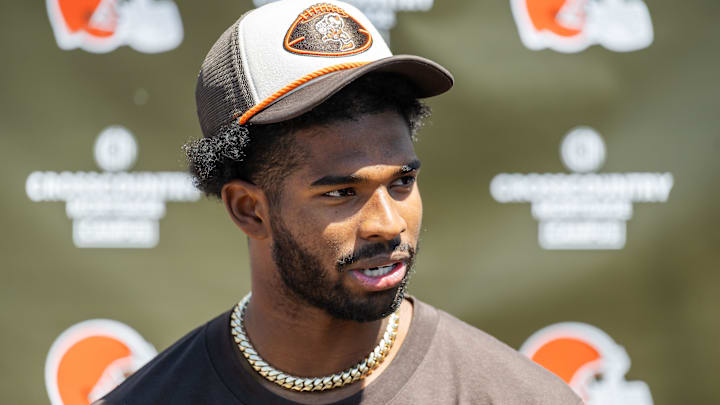 Cleveland Browns quarterback Shedeur Sanders (12) talks to the media during rookie minicamp at CrossCountry Mortgage Campus.