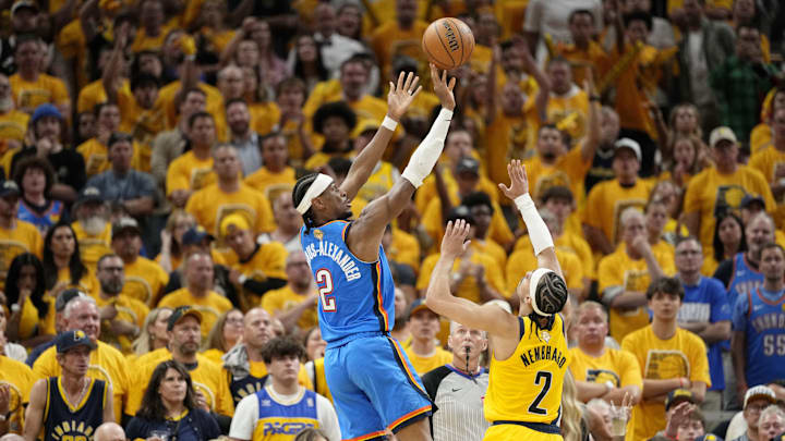 Jun 13, 2025; Indianapolis, Indiana, USA; Oklahoma City Thunder guard Shai Gilgeous-Alexander (2) shoots the ball against Indiana Pacers guard Andrew Nembhard (2) during the second half during game four of the 2025 NBA Finals at Gainbridge Fieldhouse. Mandatory Credit: Kyle Terada-Imagn Images Jun 13, 2025; Indianapolis, Indiana, USA; Oklahoma City Thunder guard Shai Gilgeous-Alexander (2) shoots the ball against Indiana Pacers guard Andrew Nembhard (2) during the second half during game four of the 2025 NBA Finals at Gainbridge Fieldhouse. Mandatory Credit: Kyle Terada-Imagn Images