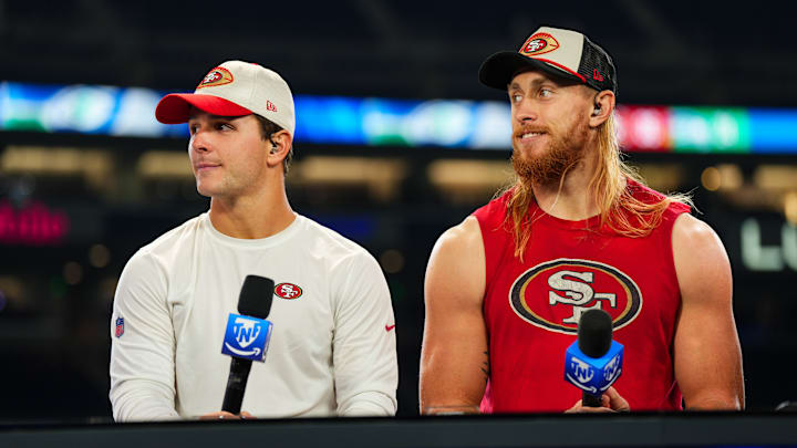 San Francisco 49ers quarterback Brock Purdy (L) and tight end George Kittle (R)