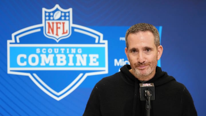 Feb 25, 2025; Indianapolis, IN, USA; Philadelphia Eagles general manager Howie Roseman speaks during the NFL Scouting Combine at the Indiana Convention Center. Mandatory Credit: Kirby Lee-Imagn Images