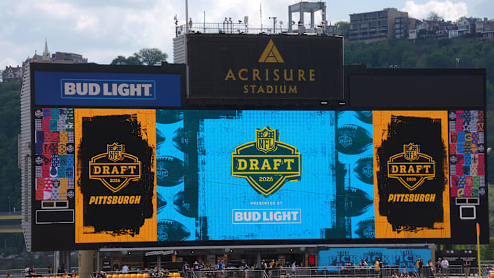 Apr 23, 2026; Pittsburgh, PA, USA; The video board with the NFL Draft logo at Acrisure Stadium. Mandatory Credit: Kirby Lee-Imagn Images