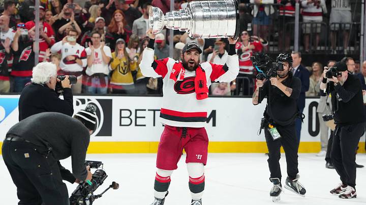 Jun 14, 2026; Las Vegas, Nevada, USA; Carolina Hurricanes left wing William Carrier (28) raises the the Stanley Cup after defeating the Vegas Golden Knights in game six of the 2026 Stanley Cup Final at T-Mobile Arena. Mandatory Credit: Stephen R. Sylvanie-Imagn Images Jun 14, 2026; Las Vegas, Nevada, USA; Carolina Hurricanes left wing William Carrier (28) raises the the Stanley Cup after defeating the Vegas Golden Knights in game six of the 2026 Stanley Cup Final at T-Mobile Arena. Mandatory Credit: Stephen R. Sylvanie-Imagn Images