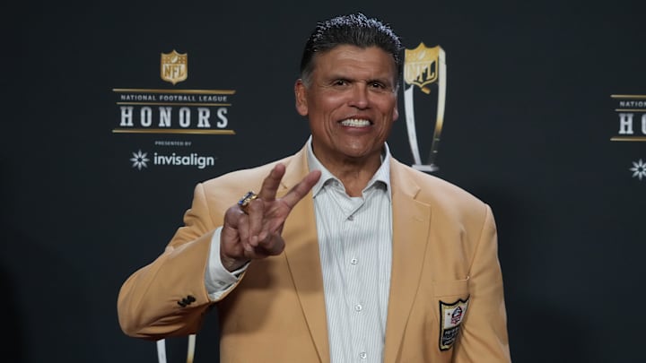 Feb 9, 2023; Phoenix, Arizona, US; Former NFL offensive tackle Anthony Munoz poses for a photo on the red carpet before the NFL Honors award show at Symphony Hall. Mandatory Credit: Kirby Lee-Imagn Images