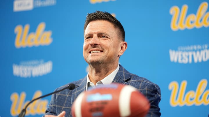 Dec 9, 2025; Los Angeles, CA, USA; Bob Chesney is introduced as UCLA Bruins football coach at press conference at Renee Luskin Conference Center Centennial Ballroom. Mandatory Credit: Kirby Lee-Imagn Images Dec 9, 2025; Los Angeles, CA, USA; Bob Chesney is introduced as UCLA Bruins football coach at press conference at Renee Luskin Conference Center Centennial Ballroom. Mandatory Credit: Kirby Lee-Imagn Images
