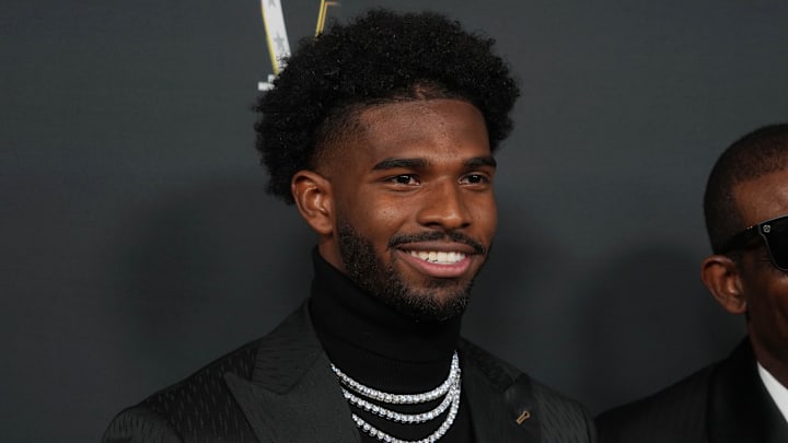 Feb 6, 2025; New Orleans, LA, USA;  Shedeur Sanders on the red carpet before Super Bowl LIX NFL Honors at Saenger Theatre.  