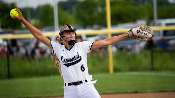 Ankeny Centennial's Lauren Sandholm throws a pitch during a game against Waukee on Tuesday, July 16, 2024, at Ankeny Centennial.