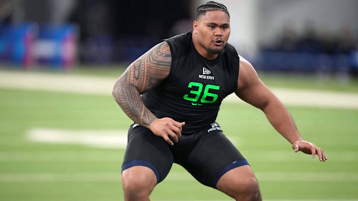 Mar 2, 2025; Indianapolis, IN, USA; Arizona offensive lineman Jonah Savaiinaea (OL36) during the 2025 NFL Scouting Combine at Lucas Oil Stadium. Mandatory Credit: Kirby Lee-Imagn Images