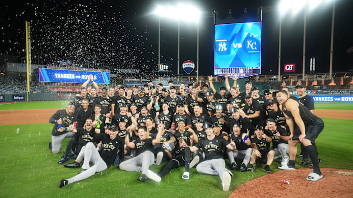 Oct 10, 2024; Kansas City, Missouri, USA; The New York Yankees celebrate a win over the Kansas City Royals during game four of the ALDS for the 2024 MLB Playoffs at Kauffman Stadium. Mandatory Credit: Jay Biggerstaff-Imagn Images