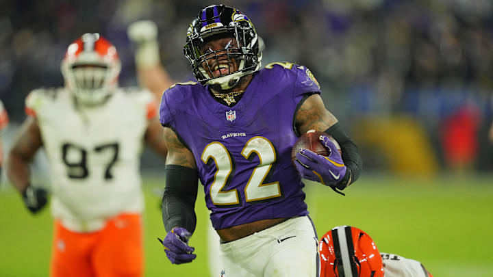 Jan 4, 2025; Baltimore, Maryland, USA; Baltimore Ravens running back Derrick Henry (22) runs for a touchdown during the fourth quarter against the Cleveland Browns at M&T Bank Stadium. Mandatory Credit: Mitch Stringer-Imagn Images