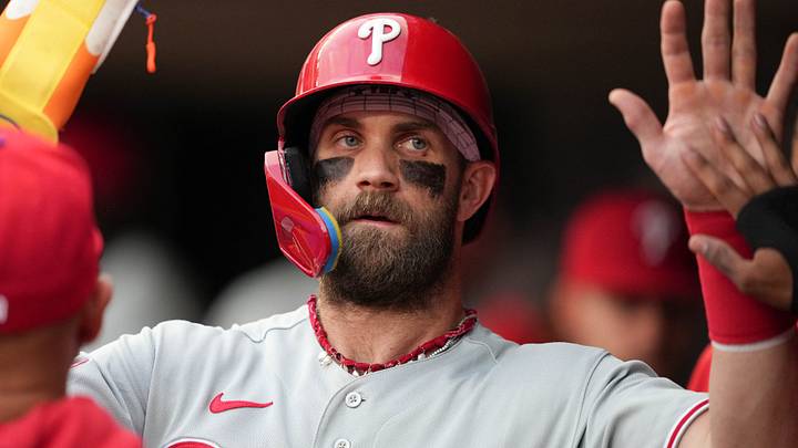 Aug 15, 2026; Minneapolis, Minnesota, USA; Philadelphia Phillies right fielder Bryce Harper (3) celebrates after scoring during the fifth inning against the Minnesota Twins at Target Field. Mandatory Credit: Jordan Johnson-Imagn Images Aug 15, 2026; Minneapolis, Minnesota, USA; Philadelphia Phillies right fielder Bryce Harper (3) celebrates after scoring during the fifth inning against the Minnesota Twins at Target Field. Mandatory Credit: Jordan Johnson-Imagn Images