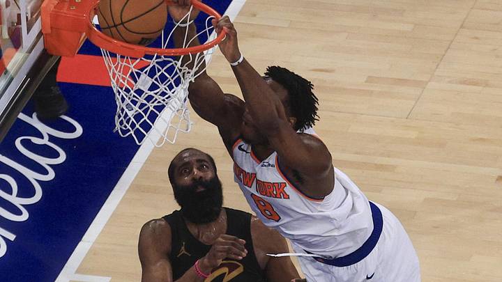 May 19, 2026; New York, New York, USA; New York Knicks forward Og Anunoby (8) dunks against Cleveland Cavaliers guard James Harden (1) during the fourth quarter of game one of the eastern conference finals for the 2026 NBA playoffs at Madison Square Garden. Mandatory Credit: Vincent Carchietta-Imagn Images May 19, 2026; New York, New York, USA; New York Knicks forward Og Anunoby (8) dunks against Cleveland Cavaliers guard James Harden (1) during the fourth quarter of game one of the eastern conference finals for the 2026 NBA playoffs at Madison Square Garden. Mandatory Credit: Vincent Carchietta-Imagn Images