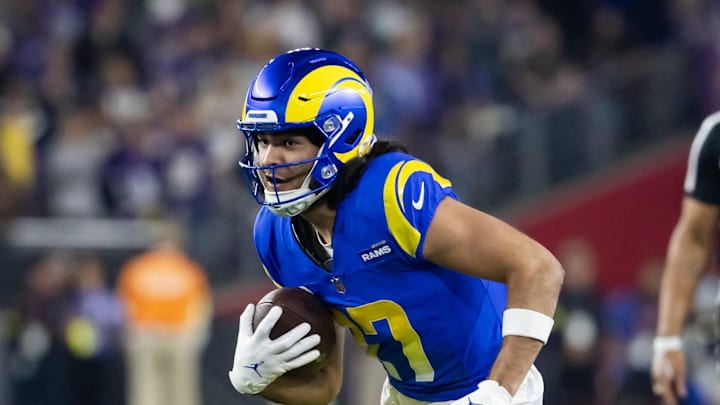 Jan 13, 2025; Glendale, AZ, USA; Los Angeles Rams wide receiver Puka Nacua (17) against the Minnesota Vikings during an NFC wild card game at State Farm Stadium. Mandatory Credit: Mark J. Rebilas-Imagn Images