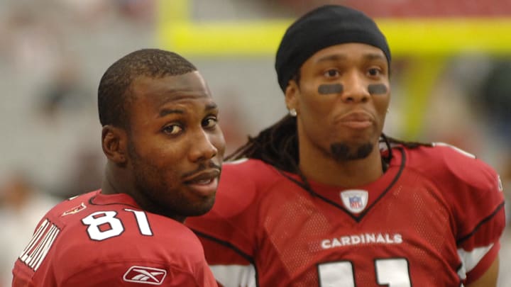 Aug 18, 2007; Glendale, AZ, USA; Arizona Cardinals wide receiver Anquan Boldin (81) with wide receiver Larry Fitzgerald (11) against the Houston Texans at University of Phoenix Stadium. Mandatory Credit: Mark J. Rebilas-Imagn Images Copyright © 2007 Mark J. Rebilas